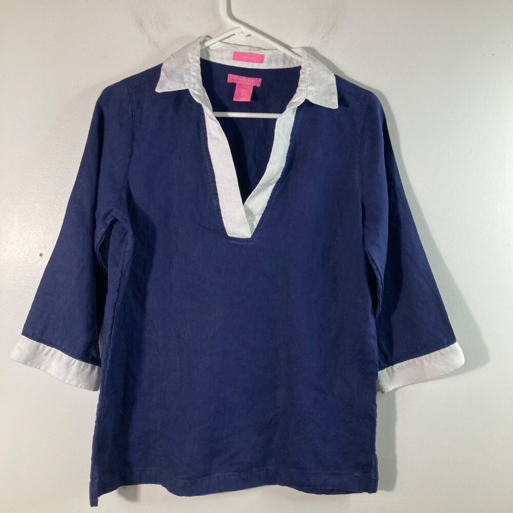 Womens Isaac Mizrahi V Neck Linen Pullover Shirt Navy White S Linen 3/4 Sleeve